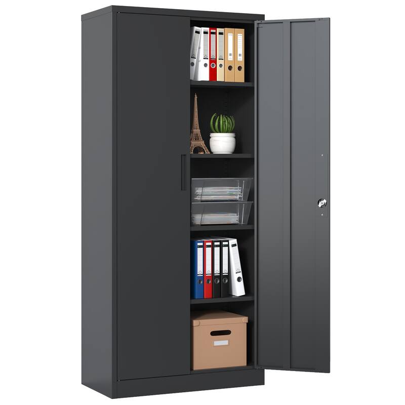 Modern Filing Cabinet, Metal Garage Storage Cabinet with Doors and 4 Shelves, for Home Office, Classroom/Pantry - Black