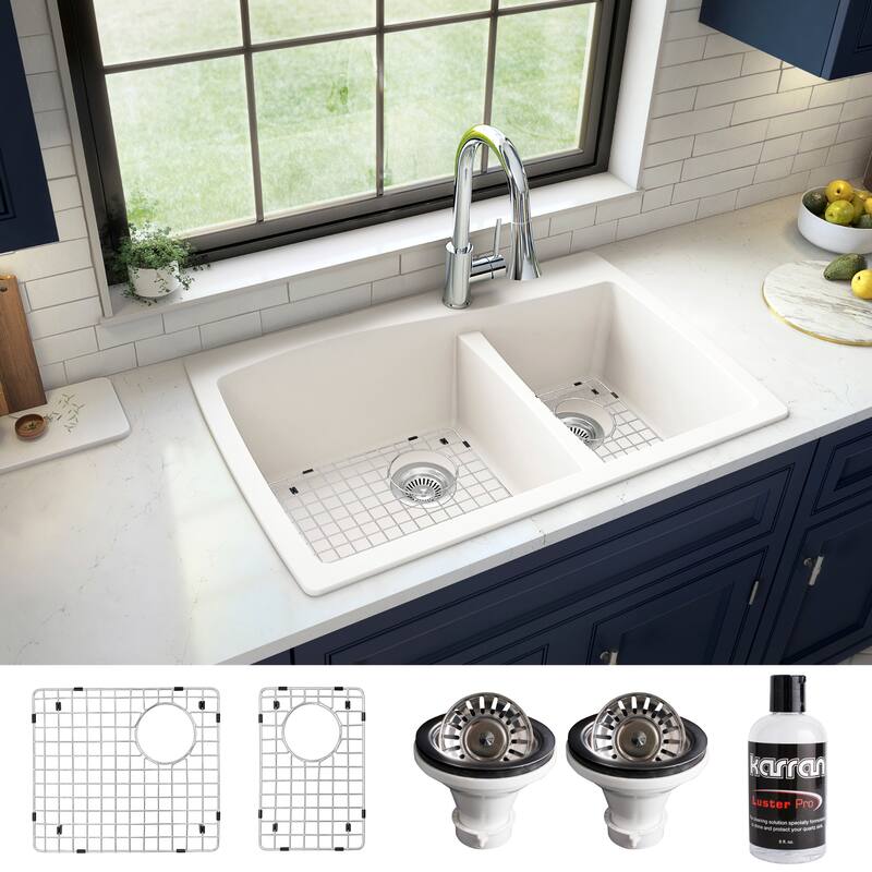 Karran Drop-In Quartz 34 in. Double Bowl 60/40 Kitchen Sink With Bottom Grids and Strainers