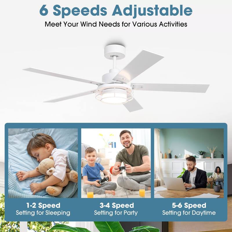 52-in Industrial Metal Caged Ceiling Fan with Light and Remote, Reversible 5-Blade