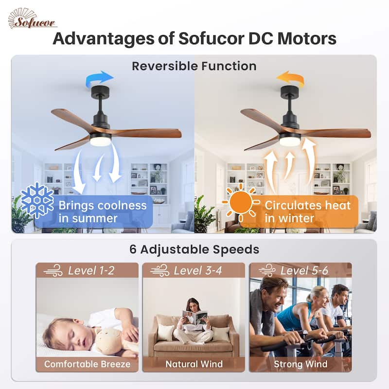 52" Solid Wood Noiseless 3-Blade Ceiling Fans with Dimmable LED Light Optional and Remote, 6-Speed Reversible DC Motor
