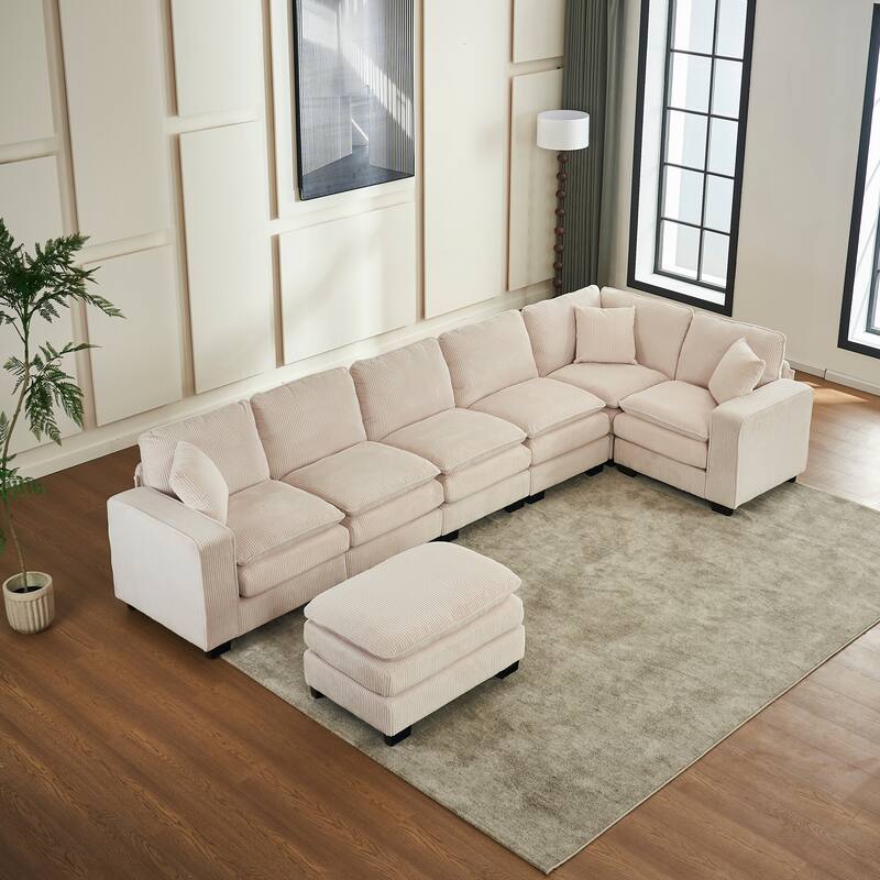 Modular Sectional Sofa for Living Room, U Shaped Sofa Couch with Ottoman and Three Toss Pillows, Corduroy Fabric Sofa Set