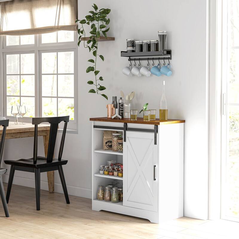 Coffee Bar Cabinet with Sliding Barn Door, Kitchen Sideboard with Storage, Buffet Cabinet with Adjustable Shelf