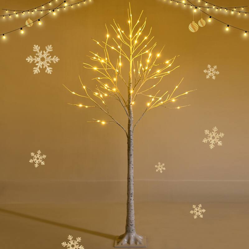 Gymax 4/5/6 FT Pre-lit White Birch Tree Artificial Twig Birch Tree - 5 Foot