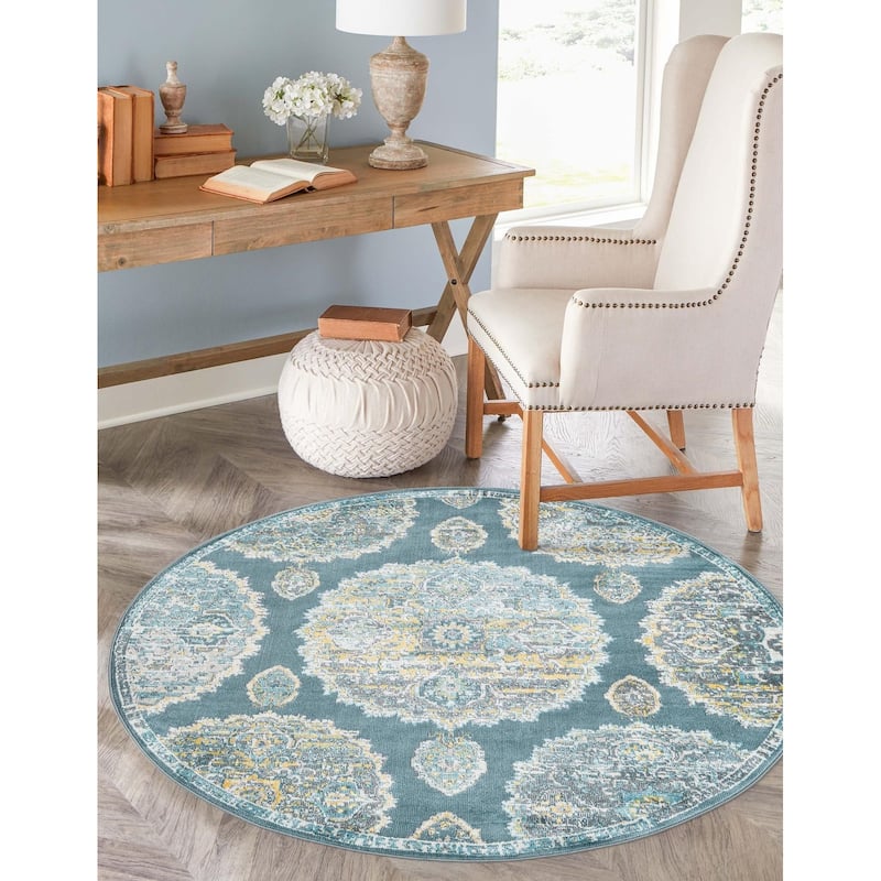 Transitional Laka Collection Area Rug - Gray and Blue - 5'5" Round