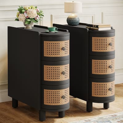 Solid Wood End Table, 3-Drawer Rattan Side Table, Night Stand with Exquisite Embossed Handles for Living Room