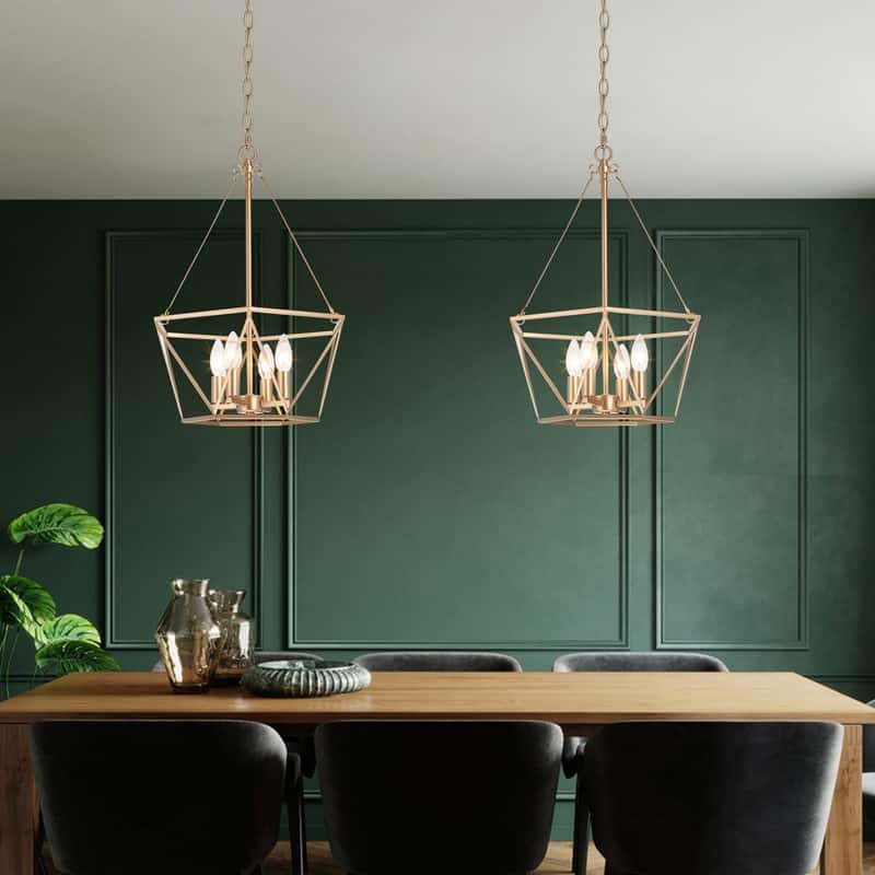 Rella Modern 4-light Lantern Chandeliers Brass Gold Pendant Lights for Dining Room - D15.5" x H81.5''