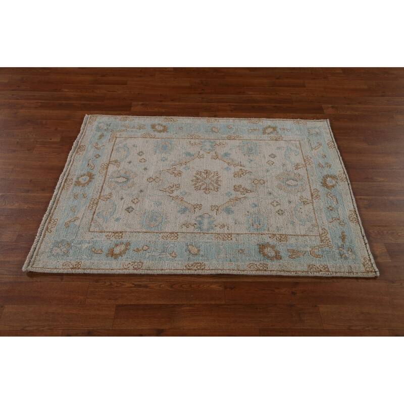 Hand Knotted Oriental 100% Wool Carpet Transitional Geometric Beige & Ivories Oushak Area Rug - 3' 11'' X 3' 0''