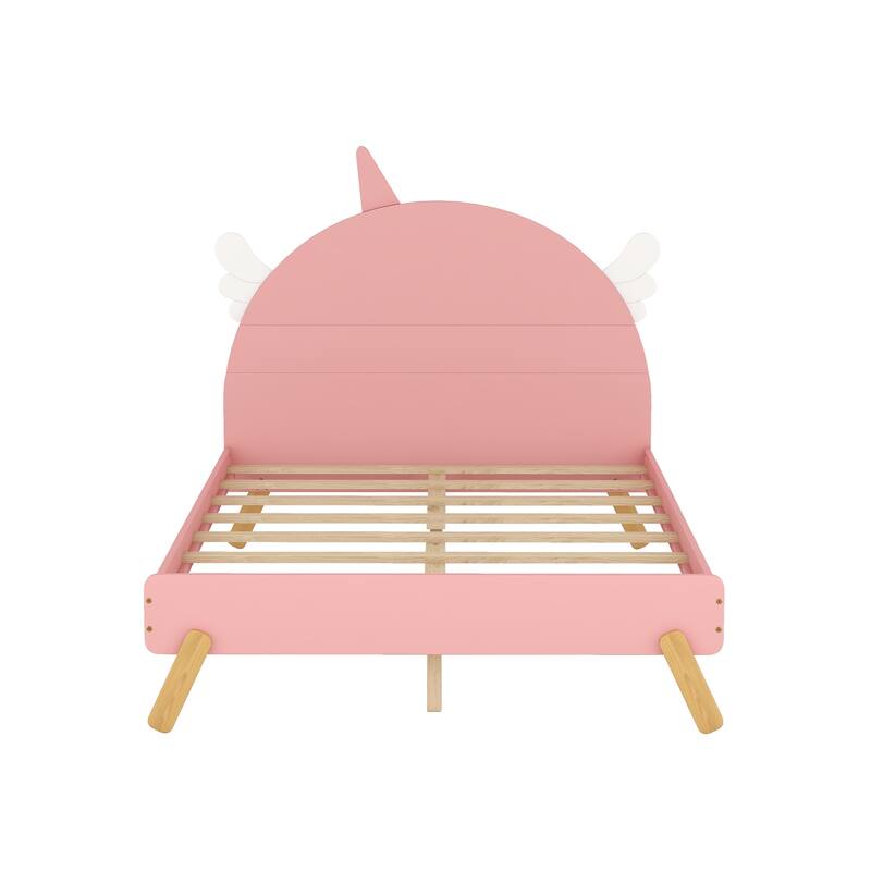 Wooden Cute Bed With Unicorn Shape Headboard, Full Size Platform Bed, Support with Wooden Boards