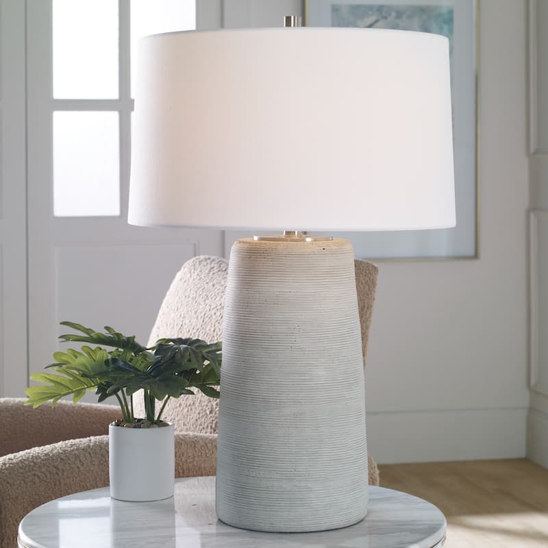 Carved Ring Ceramic Table Lamp with Drum Shade - 27.5" - Gray and Cream