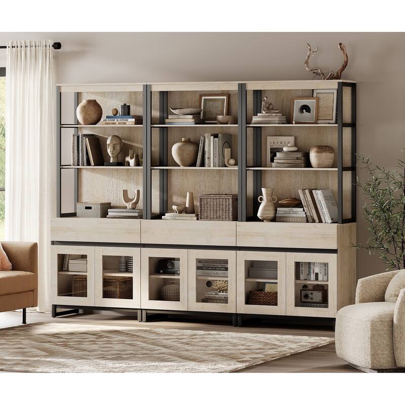 3 PCS Modern 72" Tall Bookcase with 3 Drawers and Open Book Shelfs for Home Office, Living room.