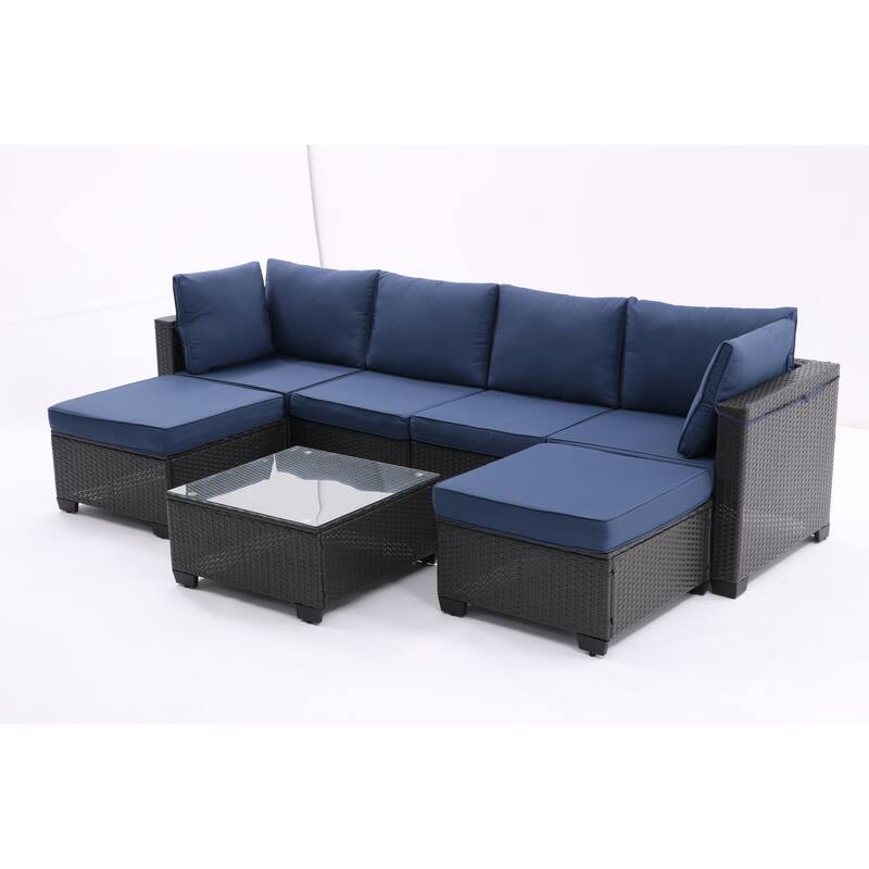 Modern Patio Sectional Couch Furniture Set,Coffee Rattan Sofa Set with Corner Chairs,Ottomans and Glass Top Table,Blue Cushions