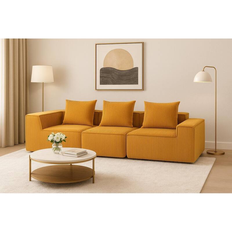 Modular Sectional Sofa with Pillows, Corduroy Upholstered 3-Seater Sofa, All-Compressed Foam Sofa for Living Room, Apartment