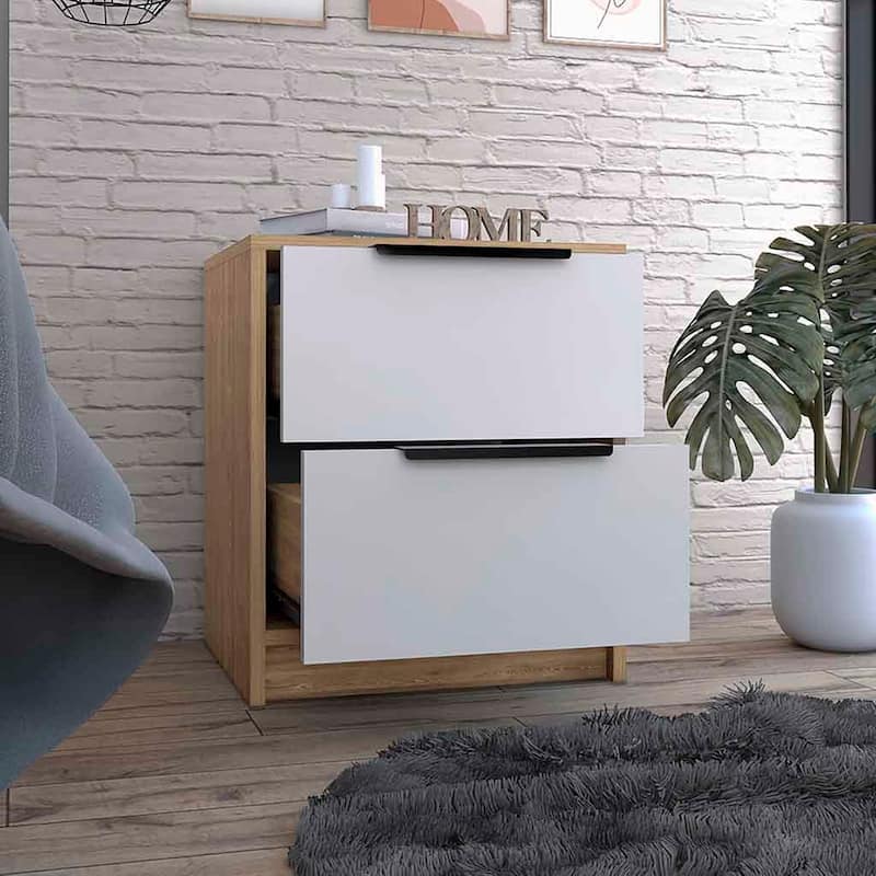 Nightstand Cervants,Two Drawers,Metal Handle,White / Pine Finish - White