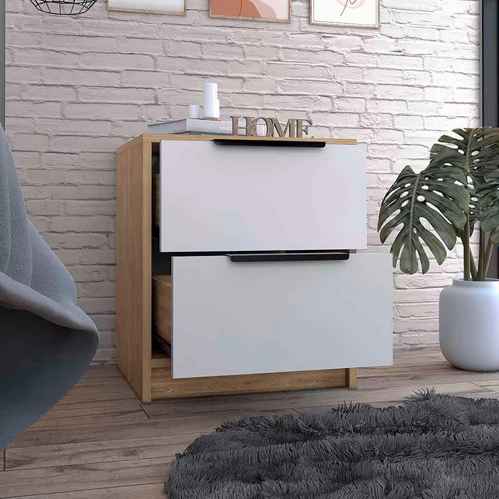 Nightstand Cervants,Two Drawers,Metal Handle,White / Pine Finish