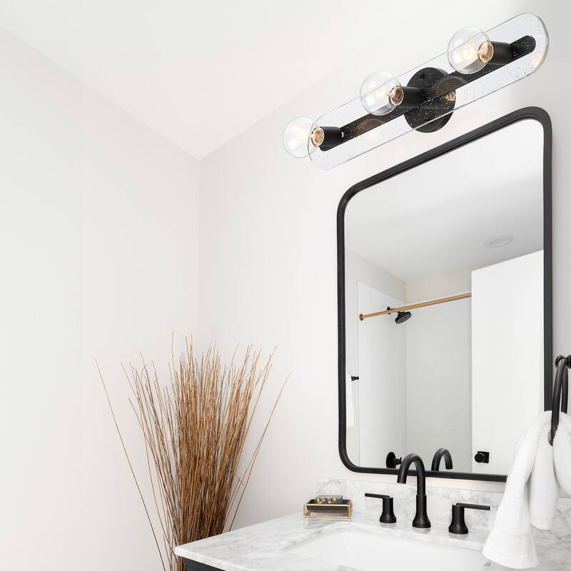 Demi 24 in. 3-Light Matte Black Vanity Light with Artisan Cast Glass Shade for Bathrooms