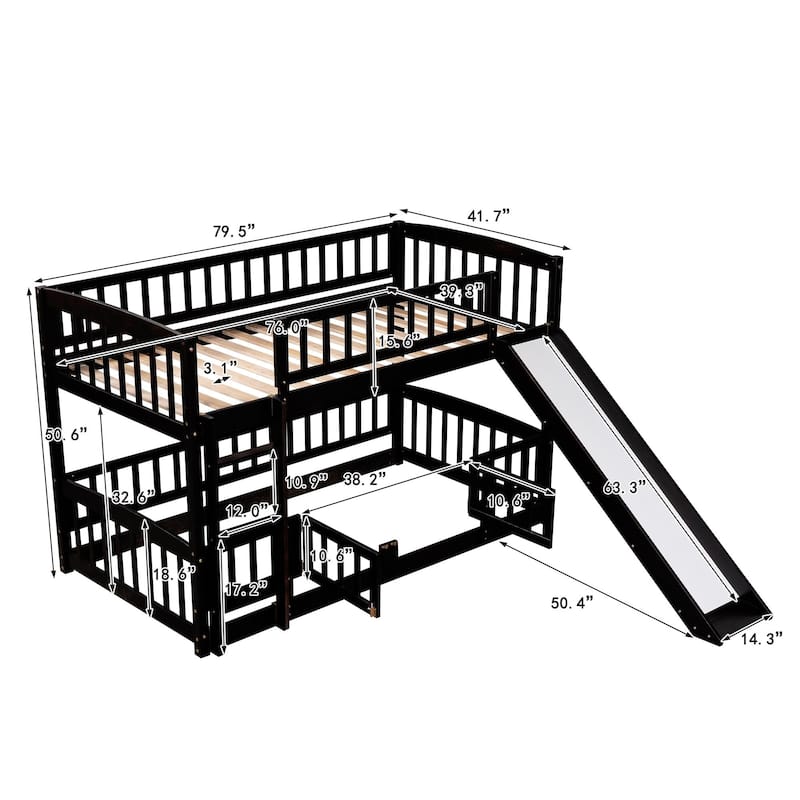 Solid Wood Low Bunk Bed with Slide,Fence and Ladder