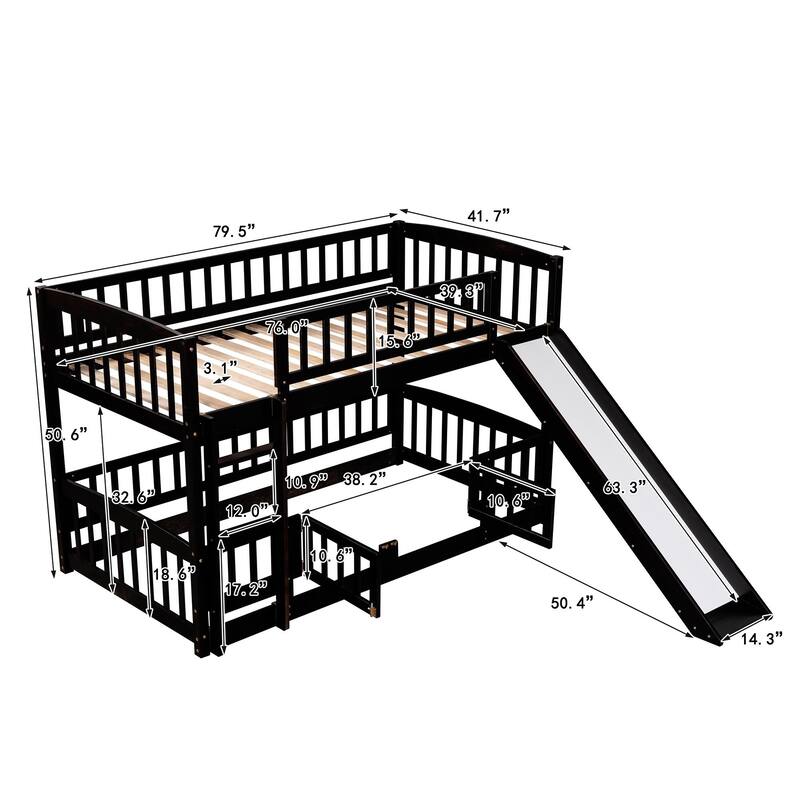 Twin-Over-Twin Bunk Bed with Slide Ladder & Slide, Solid Wood Low Bunkbed Frame w/Guardrail for Kids Teens, No Box Spring Needed