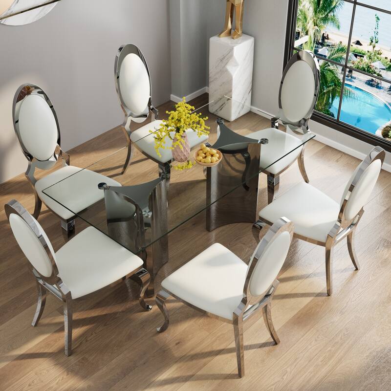 70 inch Clear Tempered Glass Dining Table Set with Leather Dining Chairs