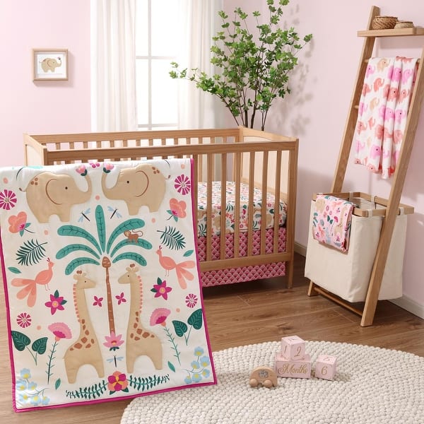 slide 2 of 5, The Peanutshell Crib Bedding Set for Baby Girls, Bright Safari, 5 Pieces