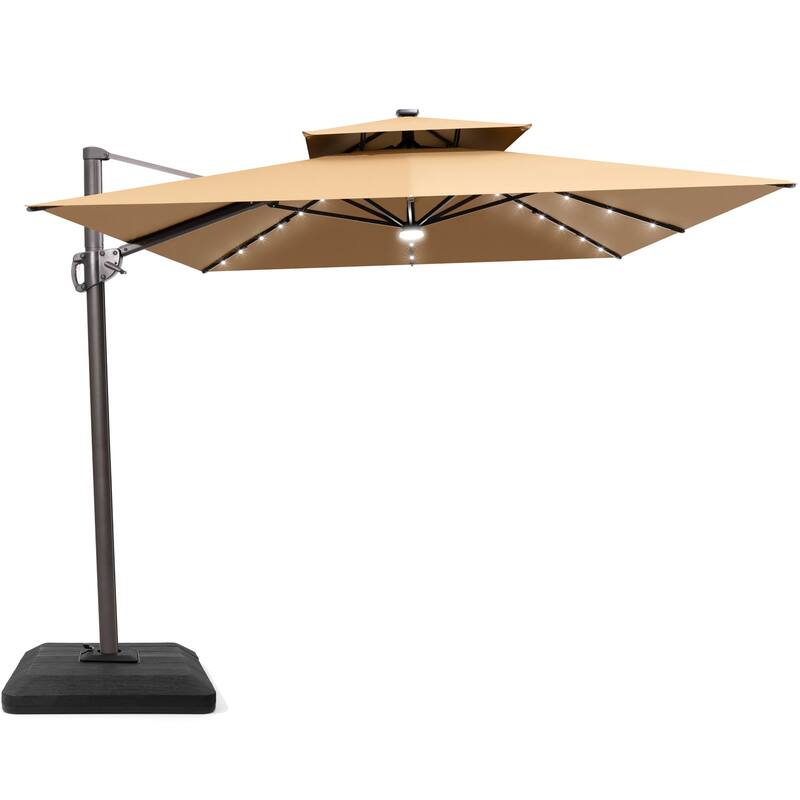 9 x11 FT Cantilever Patio Umbrella with Weighted Base, Double Canopy & LED Lights - Tan with Base