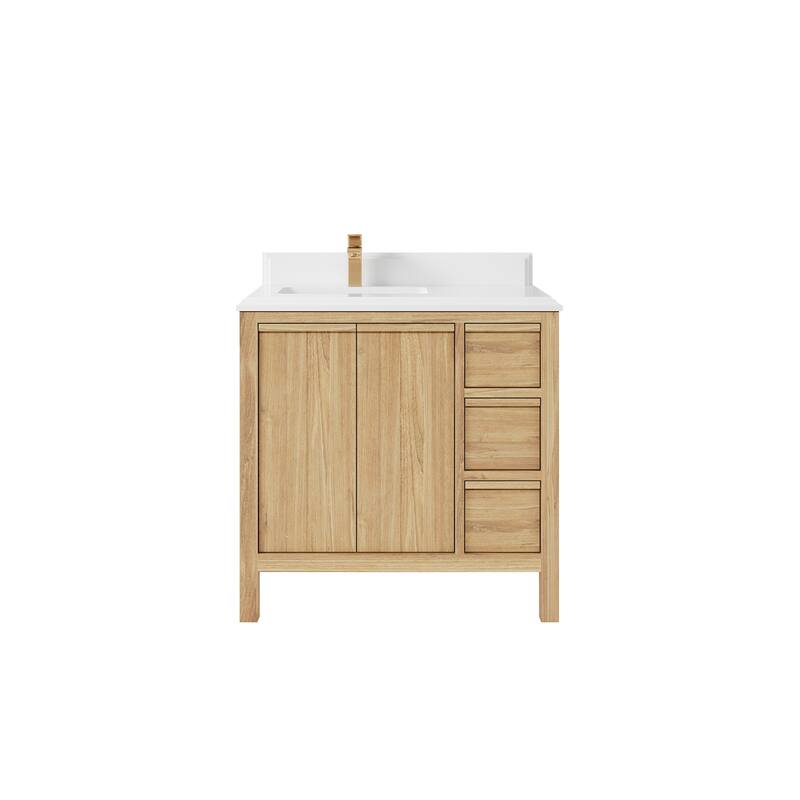 Willow Collections 36 in. W x 22 in. D Elizabeth Solid Teak Left Offset Sink Bathroom Vanity with Countertop - 1.5" White Quartz - Light Natural Teak