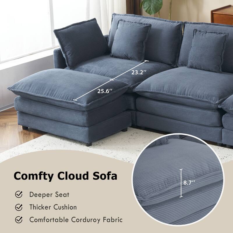 Modern Sofa Modular Sofa Couch Upholstered Corduroy L-Shape Sectional Sofa with Side Storage Pockets for Living Room