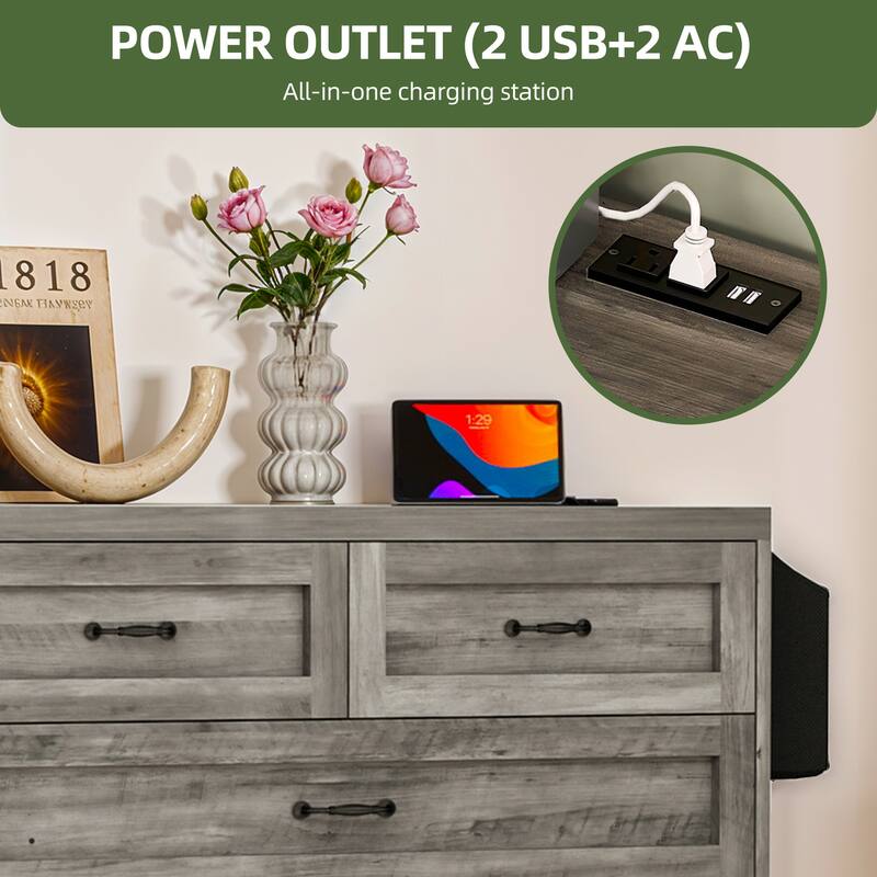 Vintage Double Dresser Chest of Drawers with Charging Station and Side Organizer Bag