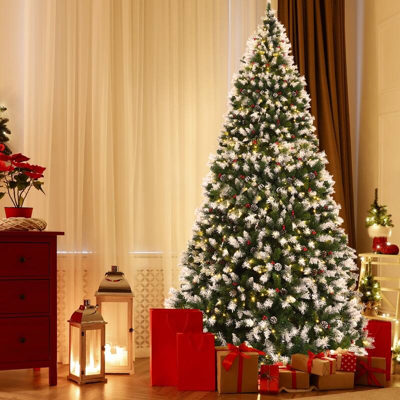9 Feet Pre-Lit White Artificial Christmas Tree with Iridescent Leaves