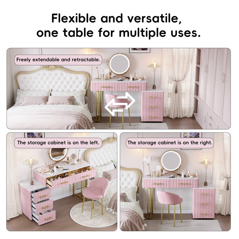 Velvet Upholstered Makeup Vanity Desk with 5 Storage Drawers, Marble-Look Sticker Top Dressing Table and Padded Makeup Chair Set