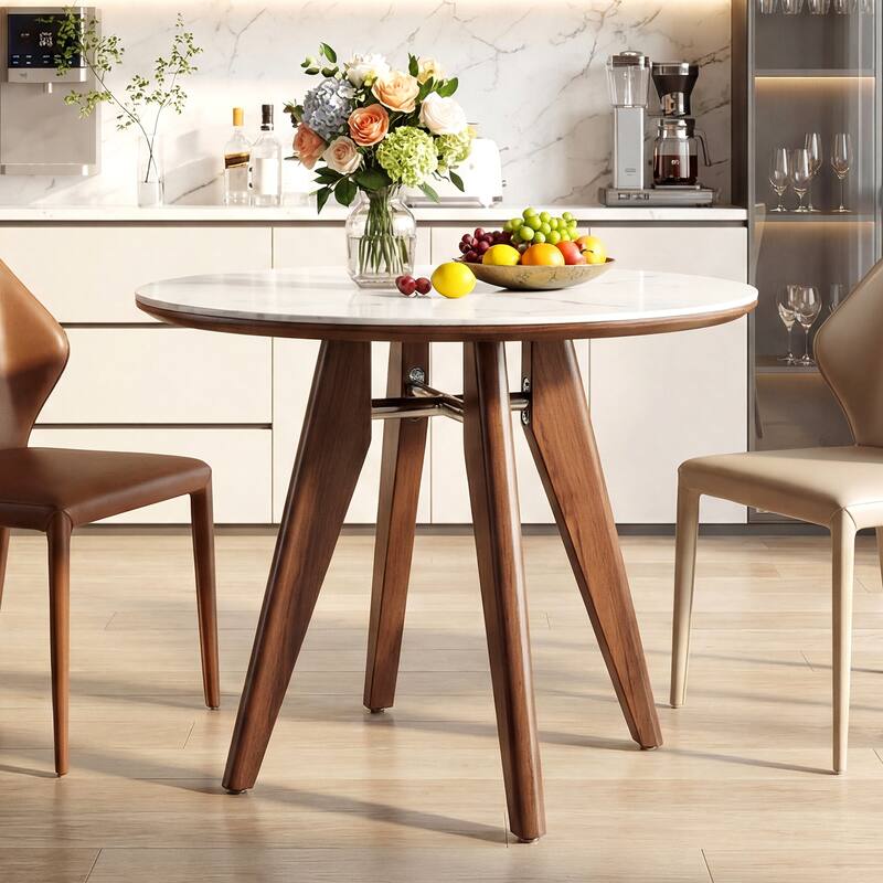 31.5" Round Dining Table, Modern Kitchen Table with Solid Wood Legs for Dining Room, Living Room - White+Brown
