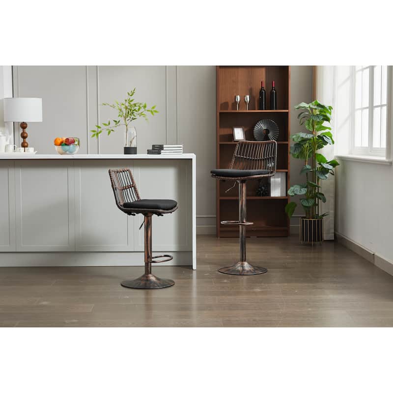 Set of 2 Vintage Rattan Bar Stool, 360° Swivel Seat Chair with Metal Base, Adjustable Height Counter Height Chair with Footrest