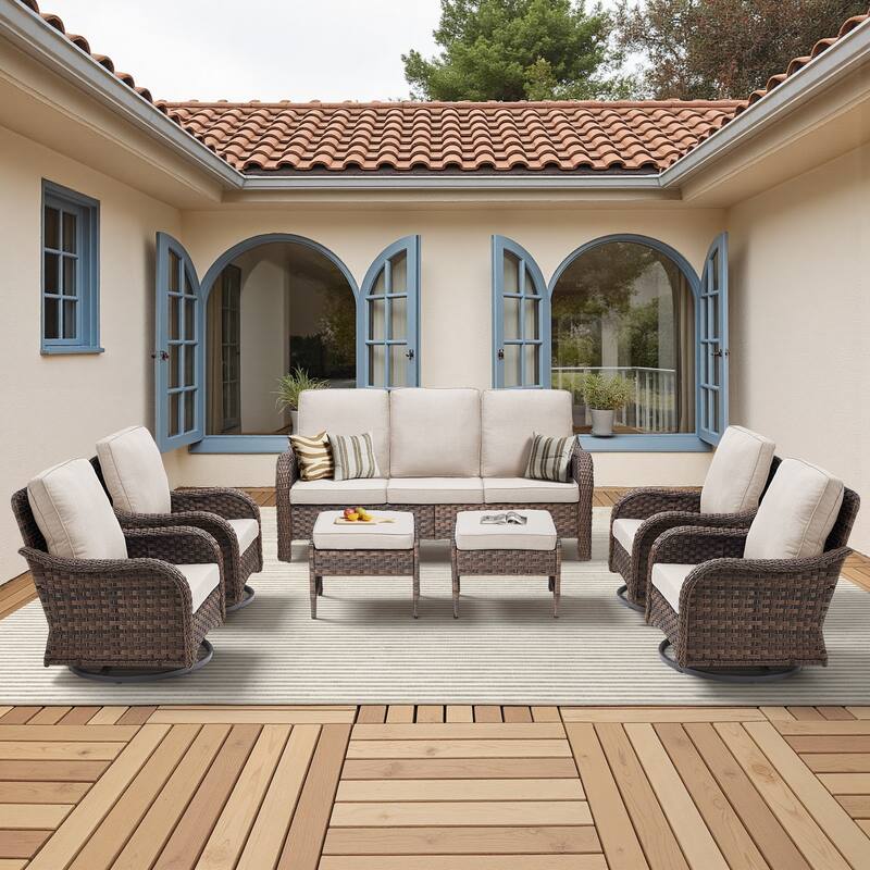 Pocassy Outdoor Patio Furniture Set PE Wicker Sofa Set - Beige Cushion - Brown Wicker - 7 Pieces Sofa Swivel Chairs Ottoman
