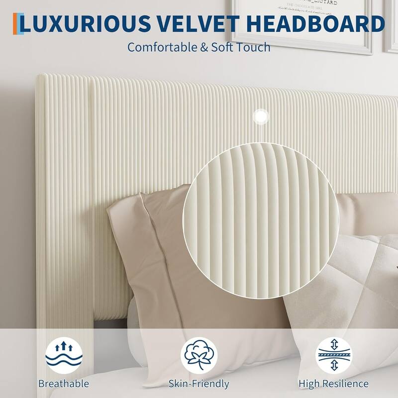 Soft Corduroy Fabric Platform Bed Frame with Upholstered Headboard, White