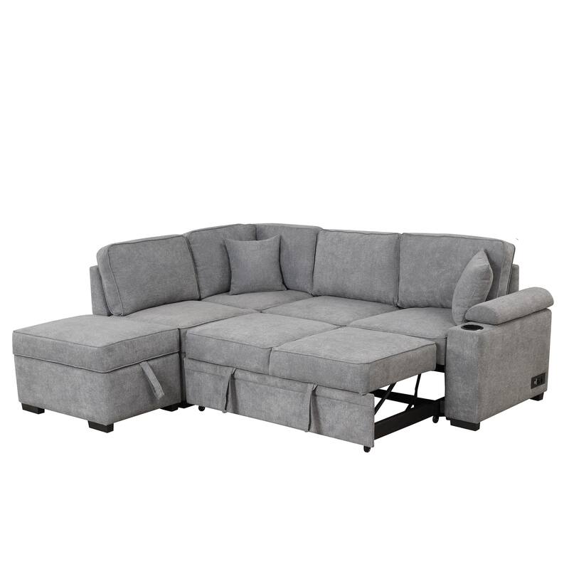 Sleeper Sofa Bed with Storage Ottoman, 2 in 1 Convertible Sectional Sofa Couch, Linen 4-Seater Sofa with Cup Holder