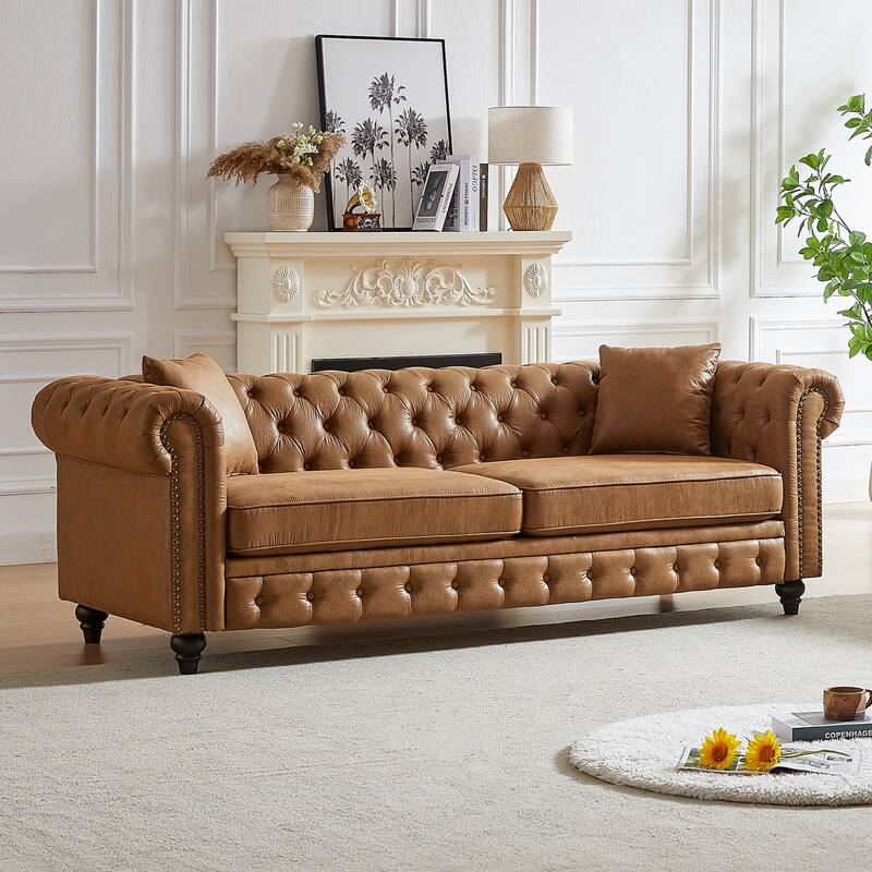 Chesterfield 85.5" Tech Fabric 3-seater Sofa with Cushions - Brown