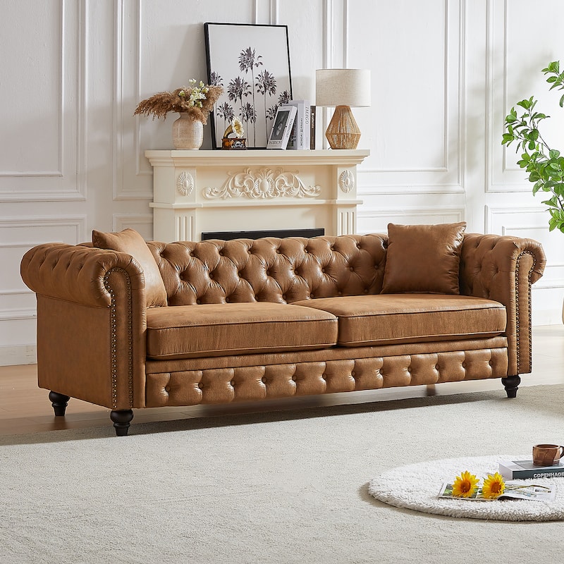 Chesterfield Sofa in Tech Fabric - 85.5" 3-Seater with Rolled Arms - Brown
