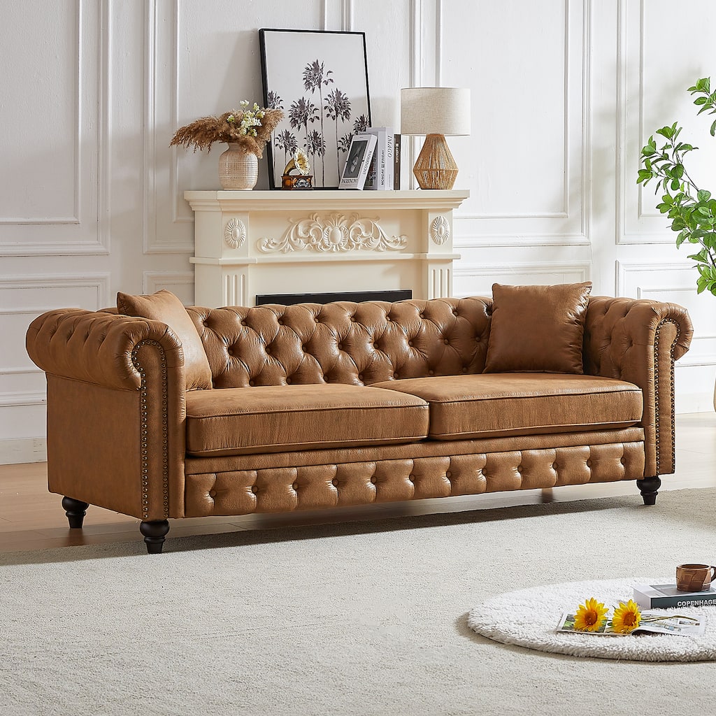 Elegant 3-Seater Chesterfield Sofa with Premium Tech Fabric, Rolled Arms, and Two Cushions - Ideal for Apartments