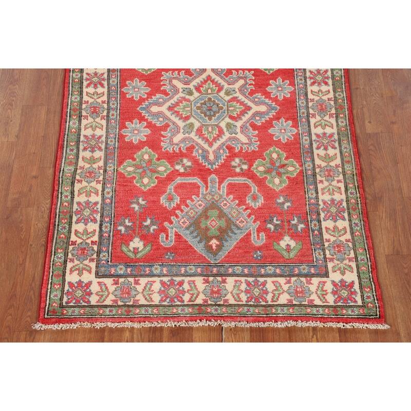 Geometric Orange Kazak Rug Hand-Knotted Wool Carpet - 3'4" x 5'0"