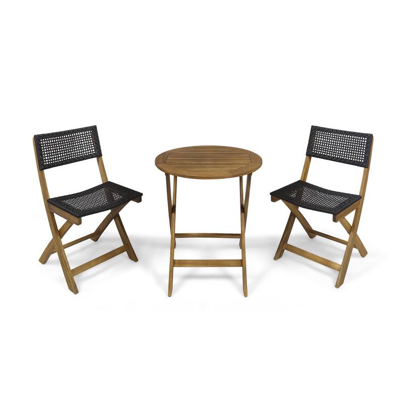 3 Piece Acacia Wood Patio Folding Bistro Set with Wicker Weave Seating and Backrest - Teak+Brown