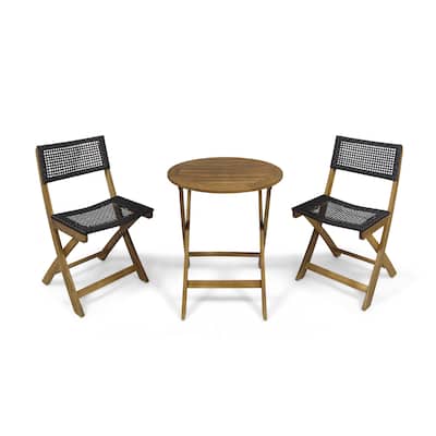 3 Piece Acacia Wood Patio Folding Bistro Set with Wicker Weave Seating and Backrest