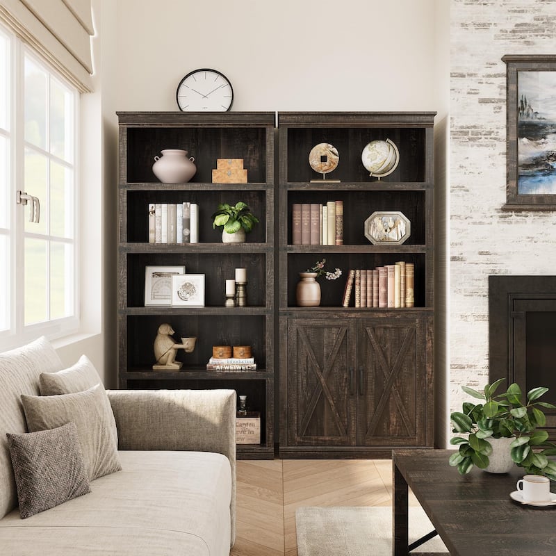 Book Shelf with Door, 5 Tier Wooden Book Case with Storage, 68.7"