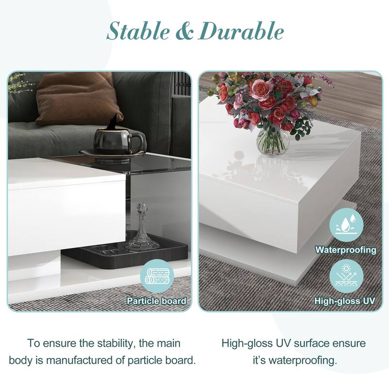 Modern Coffee Table w/ Tempered Glass Tabletop, Cocktail Table w/ High-gloss UV Surface, Modernist 2-Tier Rectangle Center Table