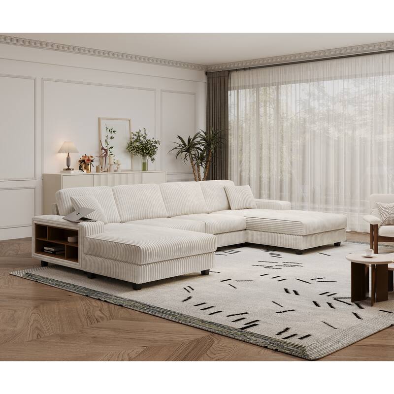 Convertible U-shaped 4 Seat Corduroy Sofa, Beige, Wood Frame
