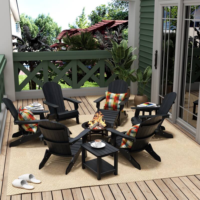 Vineyard HIPS Outdoor Folding Eco-Friendly All Weather Seashell Adirondack Chairs (12-Piece Conversation Set) - Black