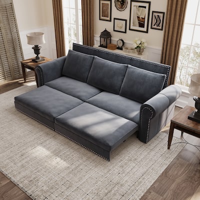 3-in-1 Convertible King Sleeper Sofa with Nailhead Trim & Rolled Arm