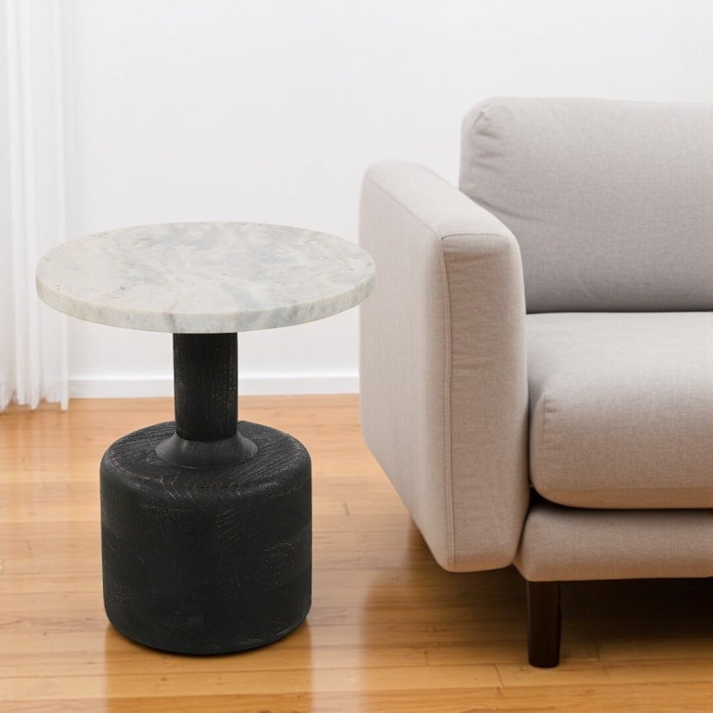 HomeRoots 21" White and Black Distressed Marble and Solid Wood Round Pedestal End Table - 18 in. x 21 in. x 18 in.