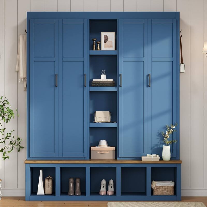 Farmhouse 4-in-1 Hall Tree with Open Display Shelves, Mudroom Shoe Bench with Open Compartments, Entryway Coat Rack with 6 Hooks