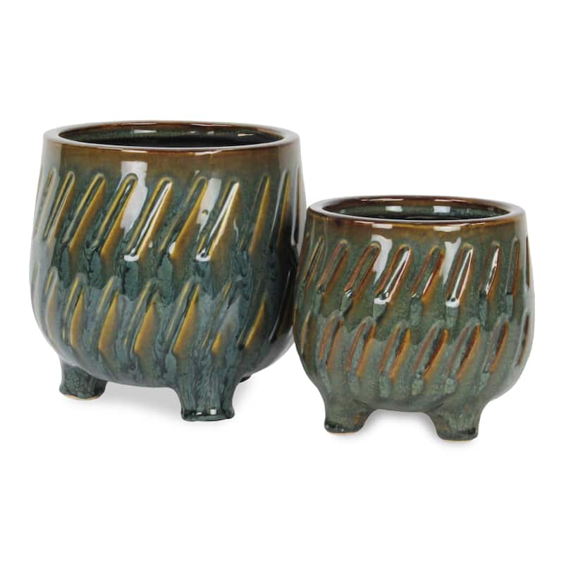 Astrona Raised Round Dual Band Diagonal Patterned Ceramic Pot - Dark Copper