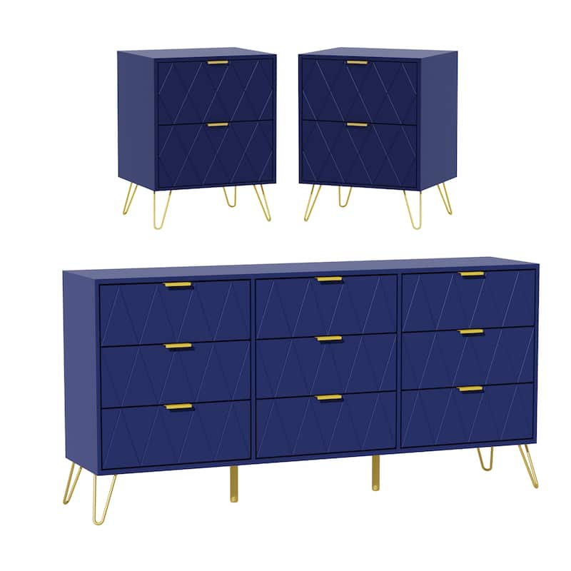 9 Drawer Dresser and Night Stand Sets for Bedroom Set of 2 - Navy Blue