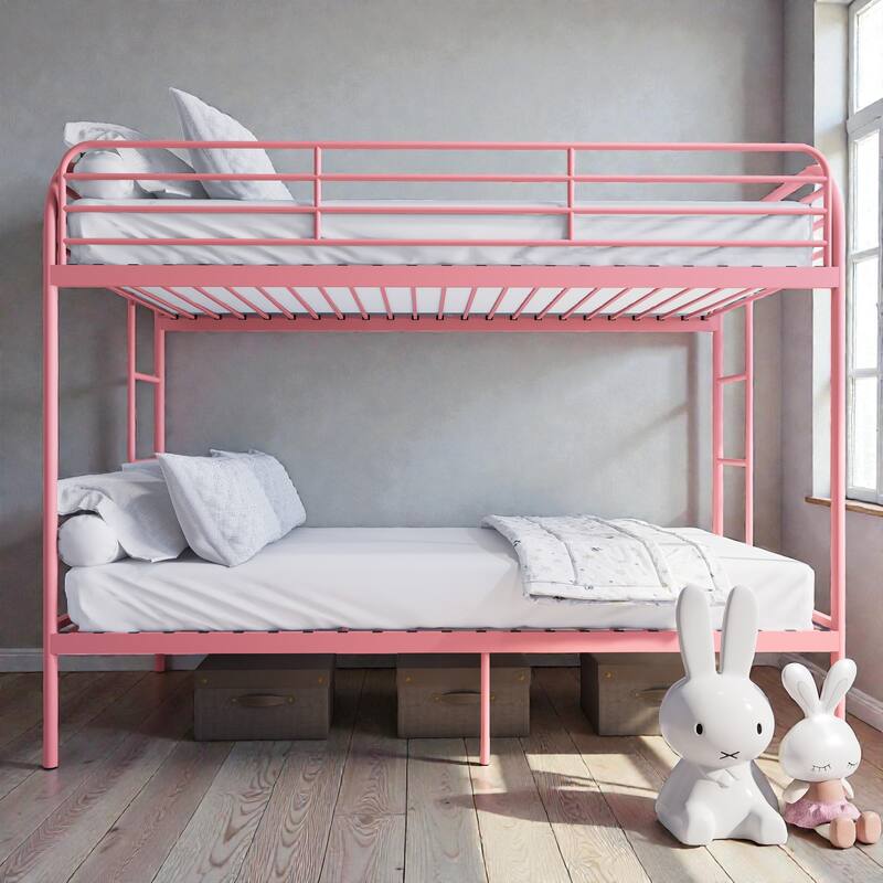 Twin Over Twin Metal Bunk Bed with Dual Ladders, Full Length Guardrails, Heavy Duty Frame, No Box Spring Needed - Pink - Twin
